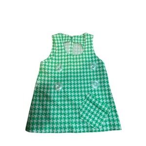 Vintage Handmade 5T Green Houndstooth Shift Dress 1960s style Sleeveless Pocket